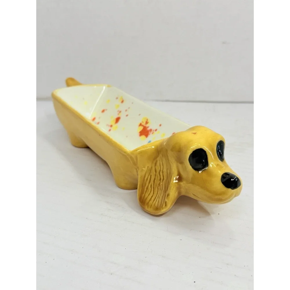 Ceramic Dachshund Dog Planter Trinket Dish Catchall Yellow 10